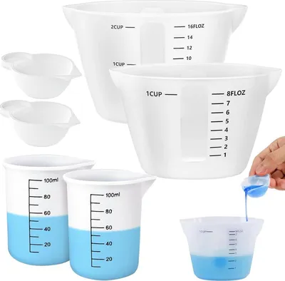 Zdjęcie produktu dla zestaw 6 silikonowych dzbanków z miarką 500ml/250ml/100ml/10mlPrzezroczysty dla majsterkowiczów i rzemieślników Kuchnia
