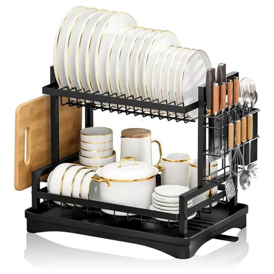 Produktbild von Abtropfgestell Geschirr 2-stufiges,Geschirrabtropfgestell mit Abtropfschale,Platzsparendes Geschirrregal,42x31x33cm,Geschirr Abtropfständer360°Abfluss