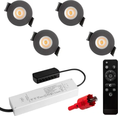 Produktbild von S-Polylight PREMIUM Mini LED- Einbauspots Warmweiss 3.000K, DIMMBAR, IP65, FUNK 3W LED Einbaustrahler Terrassenüberdachung, Terrassenbeleuchtung, Bad, Sauna, LED Spots mit Fernbedienung (ANTHRAZIT, 4x LED-SET)