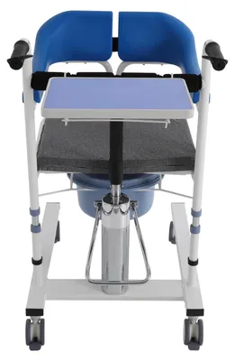 Obrázek produktu pro Hydraulický zvedák pro pacienty – transferní křeslo s toaletou – opěradlo otevíratelné o 180° – výška sedadla nastavitelná od 42 do 60 cm – brzdy a odkládací stolek – nosnost do 100 kg – modrá barva