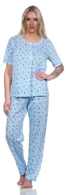 Produktbild von Damen Pyjama Hose & Shirt Schlafanzug Pyjama-Set; Blau/L
