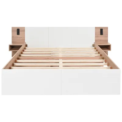 Produktbild von Flieks Doppelbett Holzbett 180x200cm mit Nachttisch, Stauraumbett Jugendbett mit USB, Funktionsbett mit Leselicht und Schubladen, Naturbelassen