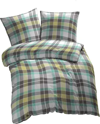 A duvet cover and two pillowcases with a plaid pattern are displayed against a white background.