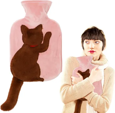 Productafbeelding van Warmwaterkruik met overtrek, grappige warmtekruik voor kat met staart, 1 liter, bedfles met overtrek, cadeau voor winter, Kerstmis, Nieuwjaar