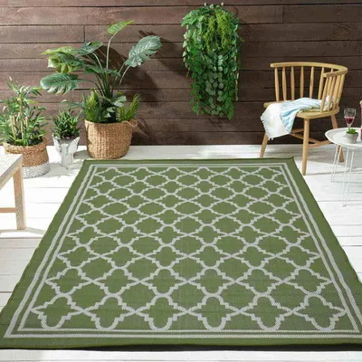 Produktbild von Teppich In- und Outdoor Flachgewebe Terrasse Balkon Wetterfest Wintergarten Robust Marokkanisch geprägtes Design, Farbe:Gruen, Maße:140x200 cm