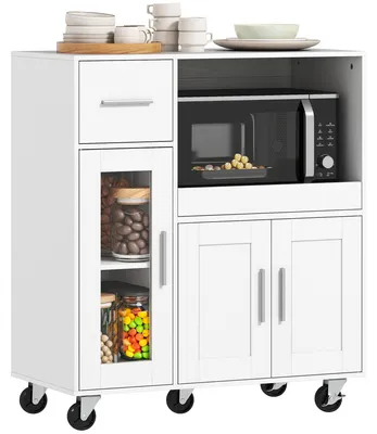Productafbeelding van HOMCOM Keukenkast, servieskast met wielen en uitschuifbaar dienblad, wit