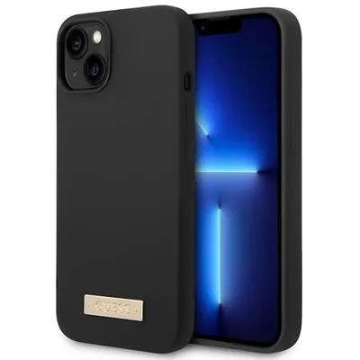 Produktbild von Guess Kappe für iPhone 14 6.1" GUHMP14SSBPLK schwarzes Hartschalengehäuse Silikon Logo Platte MagSafe