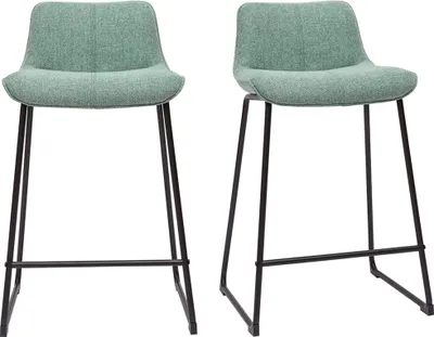 Produktbild von Miliboo - Barhocker in blassgrünem Stoff mit Samteffekt und Metallfuß H65 cm (2er-Set) BOOST