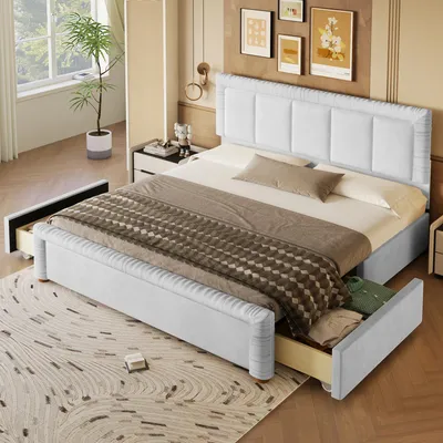 Immagine prodotto di Letto imbottito MODFU 180x200, in velluto, letto matrimoniale con testiera imbottita, struttura letto per ragazzi con 2 cassetti e piedi in legno, letto contenitore, senza materasso, colore grigio