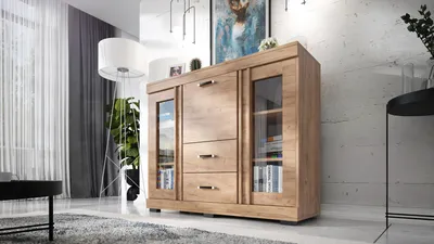 Produktbild von Kombikommode L13, 2 Vitrinentüren, 2 Schubkästen, Barschrank, B130xH106xT43 cm, komplett vormontiert - Goldene Eiche