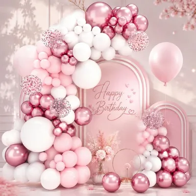 Productafbeelding van Ballonketting met 106 stuks, roze en wit, met confetti, voor decoratie van verjaardagen
