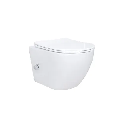 Produktbild von Hänge WC mit Bidet Taharet Funktion aus Keramik mit Edelstahl Armatur für Kalt und Warmwasser Softclose Deckel spülrand