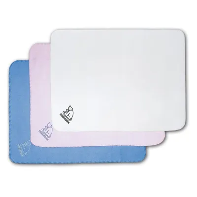 Three fleecy blankets are stacked on top of each other, with the white one on top, pink in the middle, and blue on the bottom. Each blanket has a small logo of a cat with text underneath.