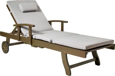 Produktbild von BELIANI Gartenliege Dunkelbraun u. Hellgrau Akazienholz Verstellbar Rollbar Sonnenliege mit Tisch und Auflage Terrasse Garten Balkon Modernes Design