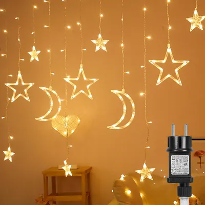 Produktbild von Stern Mond Vorhanglichter 3,5 m Warmweiß 123 LED mit Timer 8 Modi für Schlafzimmer Fenster Weihnachten