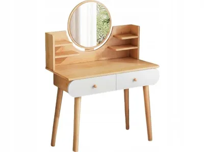 Produktbild von Schminktisch Spiegel mit 2 Schubladen Weiß Holzfarbe, Schminktisch Kosmetiktisch Frisiertisch