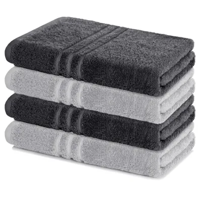 Produktbild von Lavea® 4er Set Duschtuch 70x140, 4 Stück, 100% Baumwolle Frottee, saugstark, weich und strapazierfähig, waschbar 60°C, trocknergeeignet, Handtuch, Handtücher, Duschtücher, Anthrazit & Silber