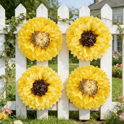Immagine prodotto di Fiori di carta, girasoli, 4 pezzi, gialli, 48 cm, pompon di carta velina, decorazioni