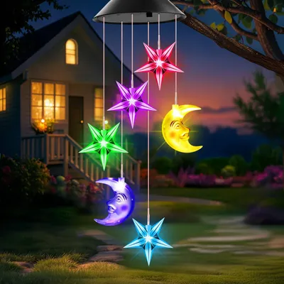 Produktbild von Solarbetriebenes Windspiel mit Sternen und Mond für Garten und Balkon, wetterfest.
