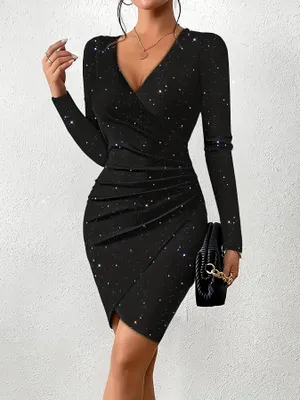 Produktbild von Damen Minikleid Schlank Langarm V-Ausschnitt Party-Cocktailkleid mit V-Ausschnitt, Schwarz, L