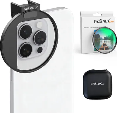 Productafbeelding van Walimex pro filterhouder 67 mm voor smartphonecamera, inclusief polarisatiefilter 67 mm, cold shoe bevestiging voor LED-lampen en microfoons, fototoebehoor voor professionele fotografie met smartphone en mobiele telefoon