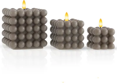 Produktbild von Meisterhome LED-Kerzen Set 3er – Bubble Design, Timer, 12/9/7,5 cm – Warmweißes Flackerlicht – Sicher & Dekorativ, Farbe:Grau