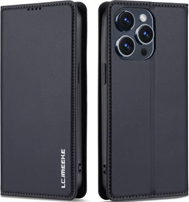Immagine prodotto di Custodia magnetica in pelle flip per iPhone 15 Pro Max, con slot per schede e funzione stand Nero