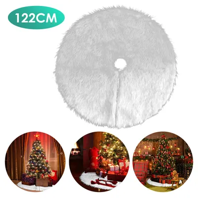Produktbild von Eikuavons Weihnachtsbaumdecke 122 cm aus Langplüsch und Vliesstoff, runder Christbaumrock mit 10 cm Mittelöffnung in Weiß