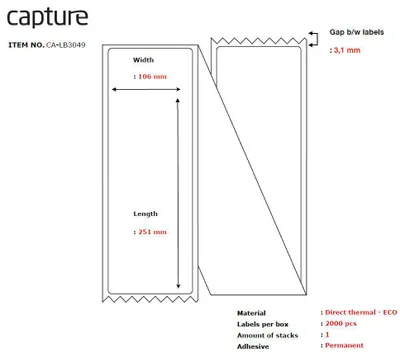 Zdjęcie produktu dla Capture CA-LB3049, Biały, Składany w harmonijkę, bezpośrednio termiczny, Na stałe, 10,6 cm, 25,1 cm
