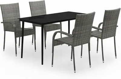Produktbild von 5-TLG. Garten Essgruppe 4 Personen, Terrassenmöbel Set, Tisch mit Glas-Tischplatte & Polyrattan Stühle, Gartenmöbel Set Grau und Schwarz