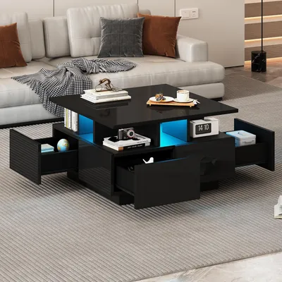 Produktbild von 70*70*40cm wohnzimmer teetisch, hochglanz kaffeetisch,  Couchtisch mit LED licht, sofatisch mit 4 schubladen,Beistelltisch mit geometrische Design, Schwarz, Gesamttragkraft 30kg