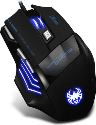 A gaming mouse with blue LED lighting.
