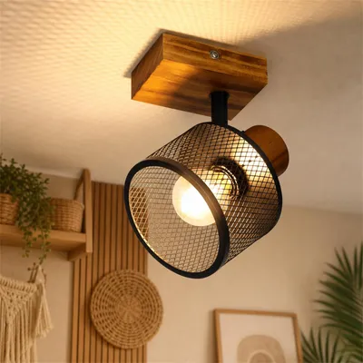 Produktbild von ZMH Deckenlampe Holz 1 flammig E14 Deckenleuchte Wohnzimmerlampe Metall Gitterschirm Küchenlampe Decke für Esstisch Wohnzimmer Küche Schlafzimmer