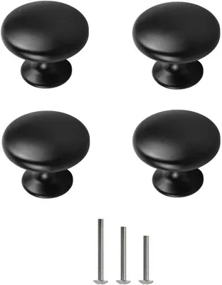Obrázek produktu pro Sada čtyř kulatých, matně černých úchytek na nábytek vyrobených ze zinkové slitiny – ergonomické, vhodné pro skříně, zásuvky, kuchyňské skříňky a dveře