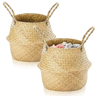 Produktbild von 2 Seegras-Aufbewahrungskörbe, faltbare Rattan-Aufbewahrungsbox, Korbmöbel mit Griff