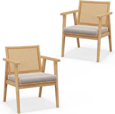COSTWAY 2er-Set Mid-Century moderne Akzentstühle, Bequemen Lounge-Sesseln mit Atmungsaktivem Rattan-Rücken & Abnehmbarem Sitzkissen