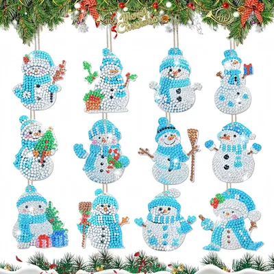 Image de Set de pendentifs de sapin DIY à peindre avec des diamants Bonhommes de neige 12 pièces
