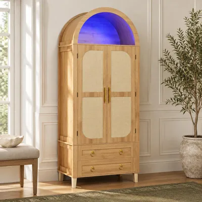 Produktbild von MODFU Hochschrank Küchenschrank mit LED-Beleuchtung, Rattan-Sideboard mit 2 Türen, 2 Schubladen und Bogen-Nische, Aufbewahrungsschrank mit Einlegeböden,Natur