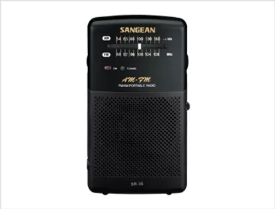 A black Sangean SR-35 AM/FM portable radio is shown against a white background.