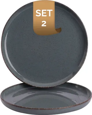 Produktbild von 2 x Palmer Antigo Teller flach, Ø 19 cm, leichtes Porzellan, für ein 2 Personen Gedeck, spülmaschinenfest, blau grau braun, leicht gesprenkelt, braun umrandet, Oberfläche glänzend