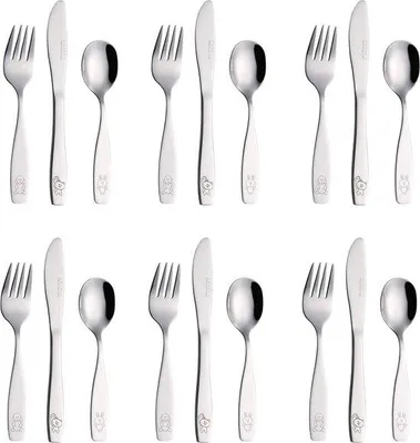 Produktbild von Kinderbesteck aus Stahl, 18-teilig, kleines Kinderbesteck mit Hammergriff, Kinderbesteckset mit 6 Kinderkochlöffeln, 6 Kindermessern, 6 Kinderlöffeln