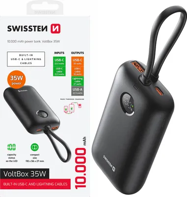 A product shot of a power bank and its packaging, showing product details and specifications.