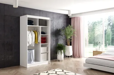 Produktbild von ALTDECOR Kleiderschrank mit Spiegel und Lamel-Schiebetüren, kugelgelagerte Führungsschienen und Aluminium-Leisten - VILO - 120 cm - Weiß/Lamelle Schwarz