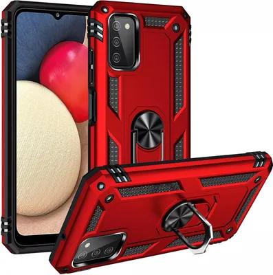 A red protective phone case with a ring holder is shown from multiple angles against a white background.