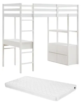 Produktbild von Etagenbett 90 x 190 cm mit Schreibtisch und Stauraum - Kiefer und MDF - Weiß + Matratze - KALIZI