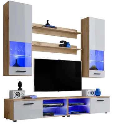 Obrázek produktu pro Extreme Furniture Vida | Nábytek Do Obývacího Pokoje Se 2 Tv Skříňkami, 2 Vitrínami A 2 Policemi Korpus Wotan A Bílá Čela