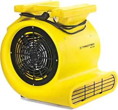 A yellow industrial fan is shown against a white background.