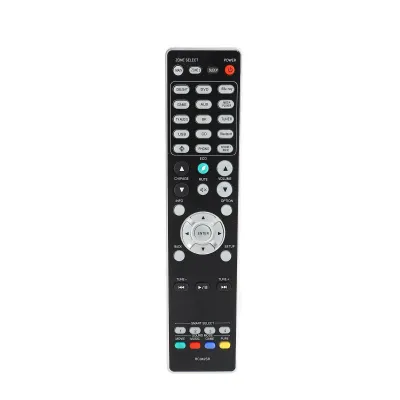 A remote control for an AV receiver is shown against a white background.