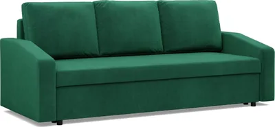 A green sofa displayed from the front.