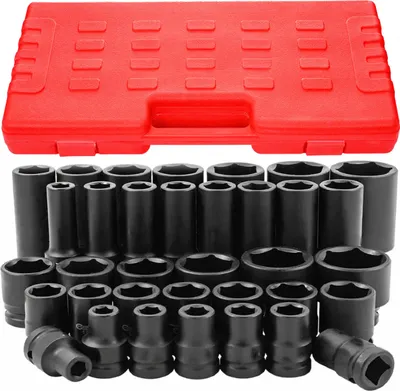 A set of black socket wrenches and a red carrying case.